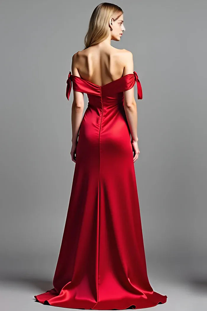 Robe longue rouge en satin à épaules dénudées Weitese, robe de bal avec fente, robe de soirée